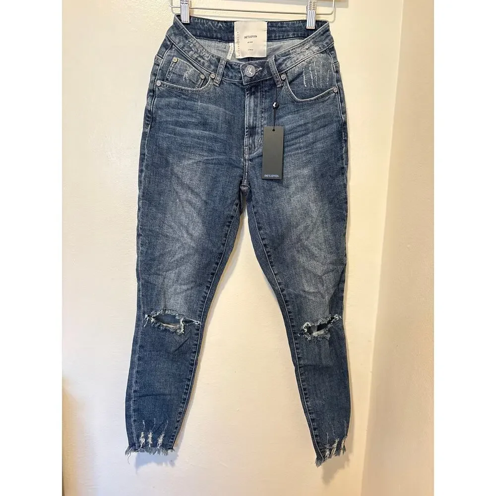 NWT One Teaspoon Sz 26 Oxford High Waisted Freebirds Raw Hem Stretch Skinny Jean